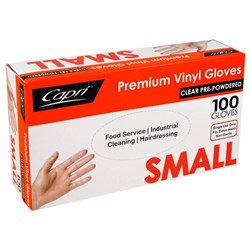 GLOVE SMALL VINYL CLEAR POWDER DISPOSABLE 100S(10) # C-GV0001 CAPRI