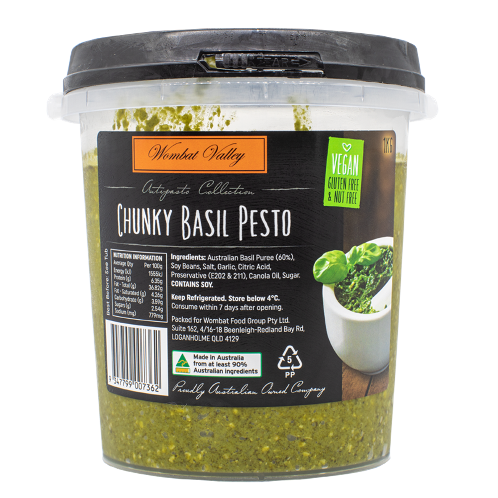 PESTO BASIL CHUNKY VEGAN NF 1KG 6 VBAS01 WOMBAT VALLEY