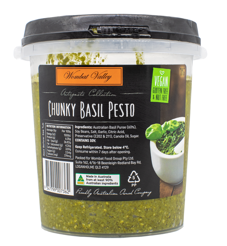 PESTO BASIL CHUNKY VEGAN NF 1KG 6 VBAS01 WOMBAT VALLEY