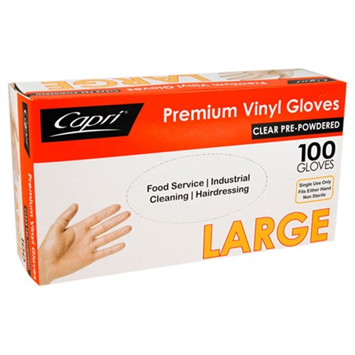 GLOVE LARGE VINYL CLEAR POWDER DISPOSABLE  100S(10) # C-GV0003 CAPRI