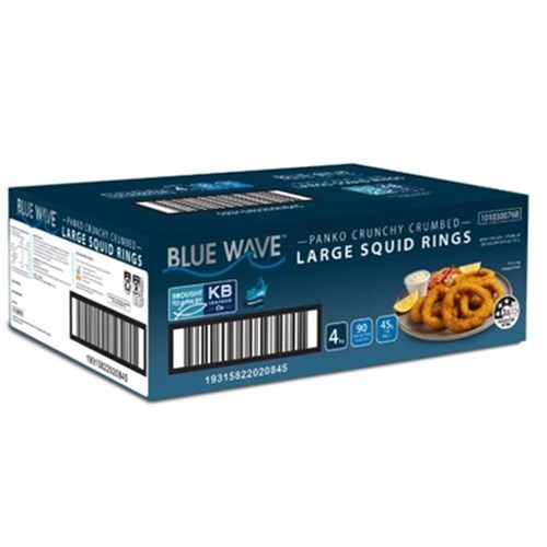 SQUID RINGS LARGE CRUNCHY CRUMBED PANKO IMP 4KG # 1010300768 BLUE WAVE