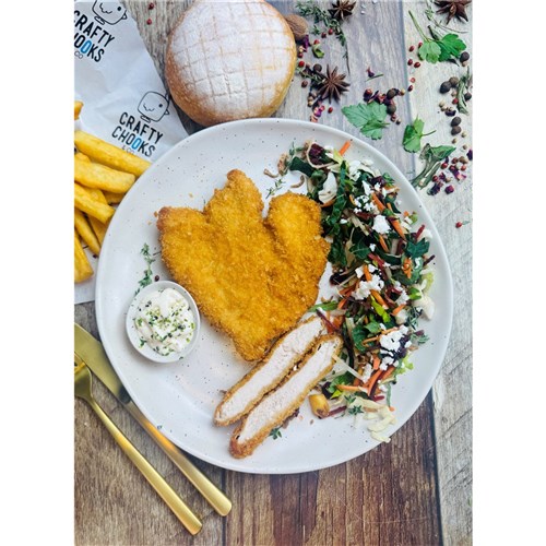 CHICKEN SCHNITZEL BREAST PANKO CRUMBED RUSTIC (30 X 200GM) # RUSTIC200 CRAFTY CHOOKS