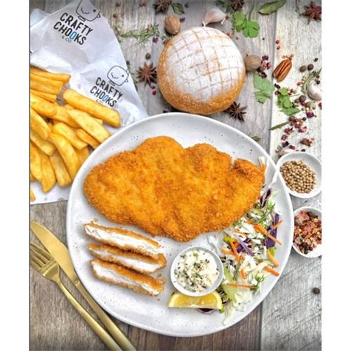 CHICKEN SCHNITZEL BREAST CRUNCHY PANKO (20 X 350GM) # J-PANKO 350 CRAFTY CHOOKS