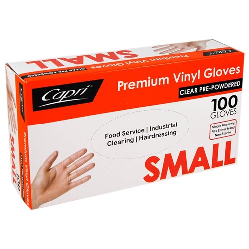 GLOVE SMALL VINYL CLEAR POWDER DISPOSABLE 100S(10) # C-GV0001 CAPRI