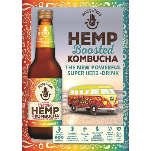 DRINK HEMP KOMBUCHA TROPICAL SUNRISE (12 X 330ML) # HHHKOMTROP330 HAPPY HIPPIE